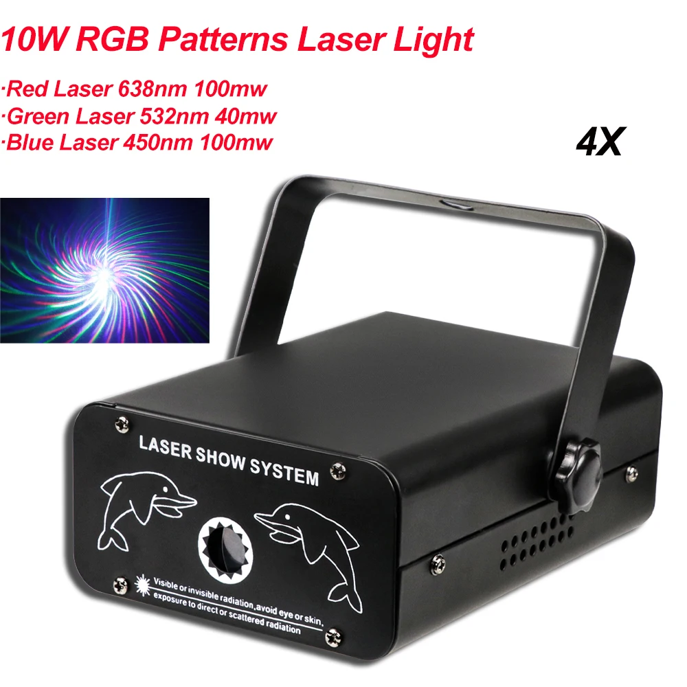 Фото 4 шт./лот Лидер продаж 10 Вт RGB цветные узоры лазерный свет DMX 512 Профессиональный DJ