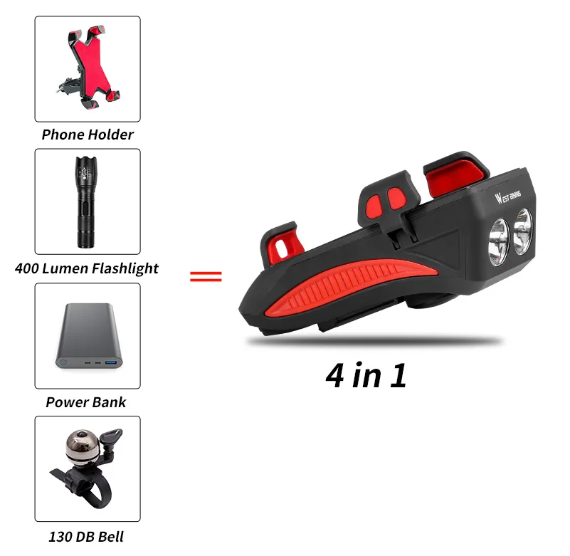4 In 1 Bicycle Light Flashlight Bike Horn Flashlight For Bicycle Bike Lights USB Power Bank Bike Phone Holder With Charger