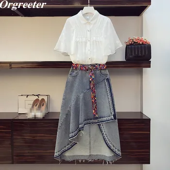 Summer New Lapel Ruched Stars Print Butterfly Chiffon Shirt and Asymmetry Denim Long Skirt 2 Piece Set With Retro Enthic Belt 
Summer New Lapel Ruched Stars Print Butterfly Chiffon Shirt and Asymmetry Denim Long Skirt 2 Piece Set With Retro Enthic Belt