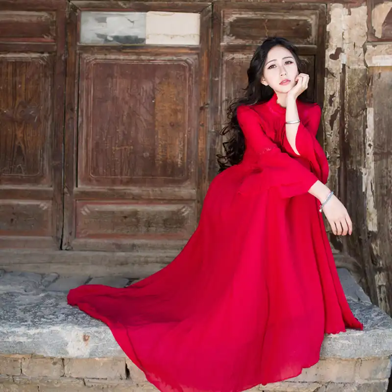 red chiffon maxi dress