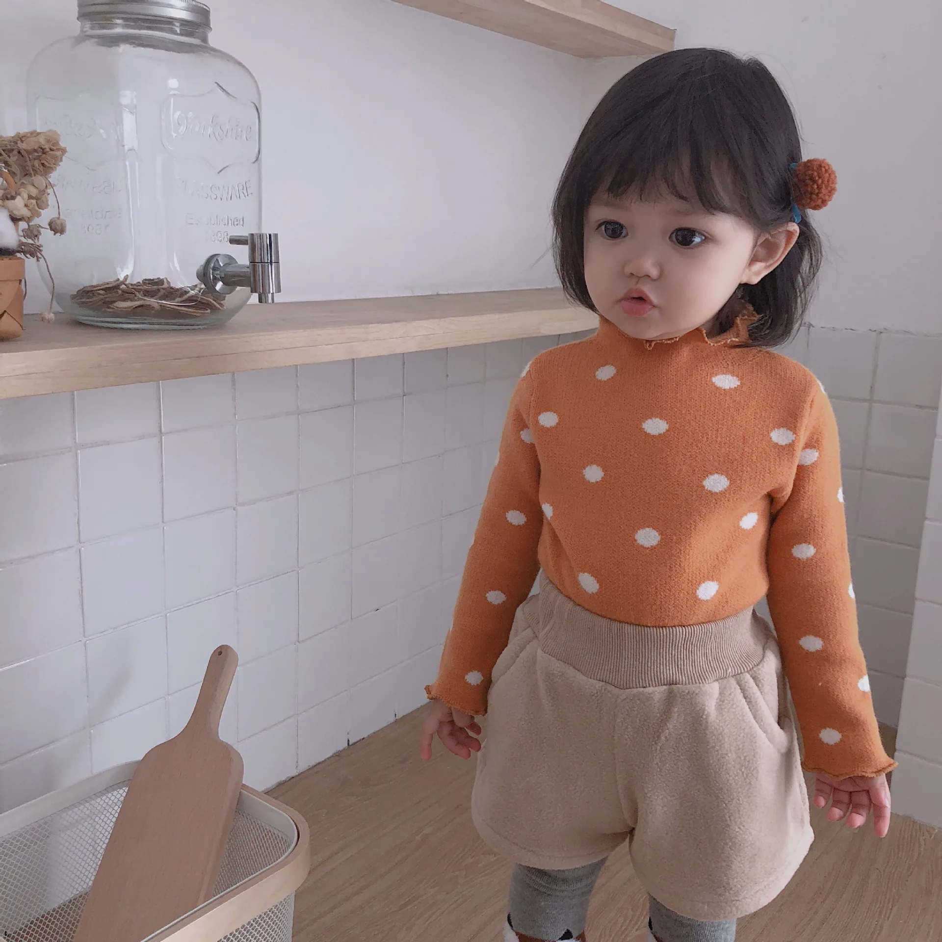 

Autumn Winter cute baby girls fashion dot stringy selvedge high collar sweaters kids girl warm knitting sweater