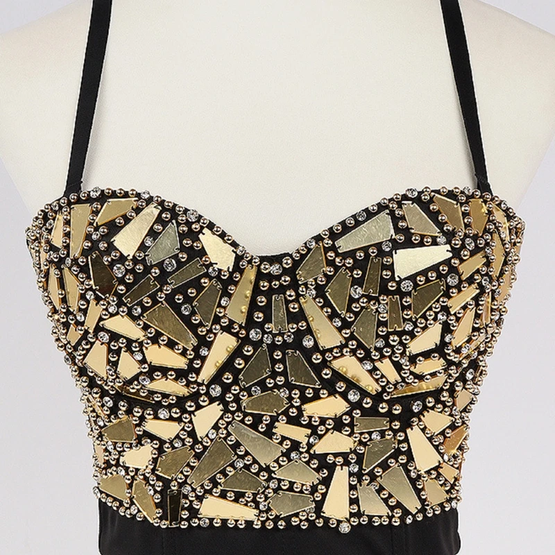 

Womens Glitter Jewelry Bustier Bra Sexy Mirror Sequins Beaded Spaghetti Strap Push Up Corset Camisole Rave Sling Vest Dropship