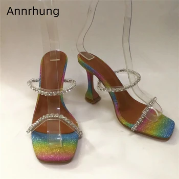 Jeweled Transparent PVC One-strap Summer Slides Square Open Toe Goblet Heel Colorful Sequined Cloth Runway Slippers Women
Jeweled Transparent PVC One-strap Summer Slides Square Open Toe Goblet Heel Colorful Sequined Cloth Runway Slippers Women