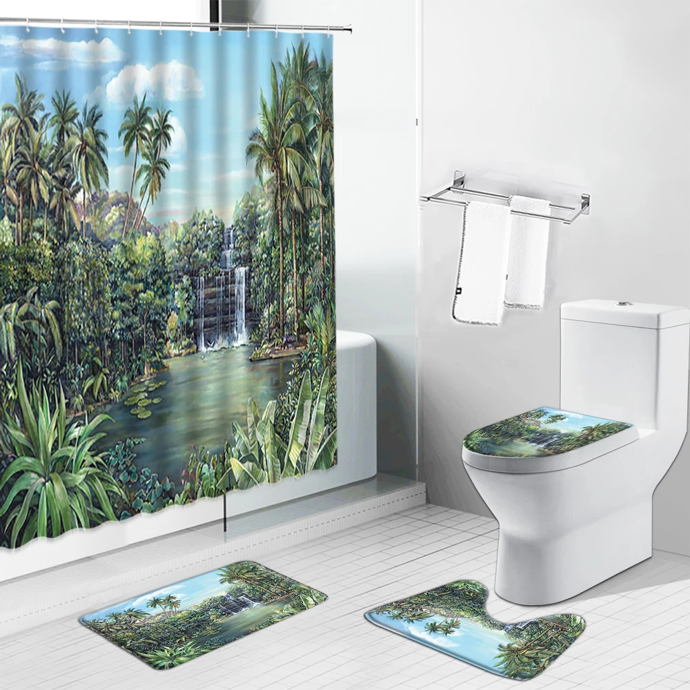 

Palm Tree Forest Waterfall Scenery Bathroom Set Shower Curtain Anti-Slip Bathing Mat Doormat Toilet Lid Cover Rug Kitchen Carpet