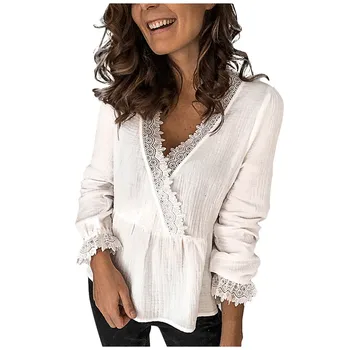 blouse women Sexy V-Neck Solid Lace Patchwork Long Sleeves Linen Blouse Tops blusas mujer de moda 2020 vintage рубашка женская 
blouse women Sexy V-Neck Solid Lace Patchwork Long Sleeves Linen Blouse Tops blusas mujer de moda 2020 vintage рубашка женская