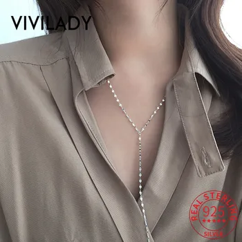 

VIVILADY 925 Sterling Silver Long Tassel Tile Chain Women Cjoker Necklace Chic Trendy Charming OL Female Minimalist Party Bijoux