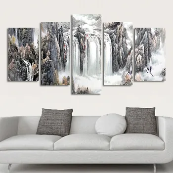 

Canvas Paintings Modular Home Decor 5 Pieces Ink painting Natural Landscape Poster waterfall Pictures Living Room Wall Art