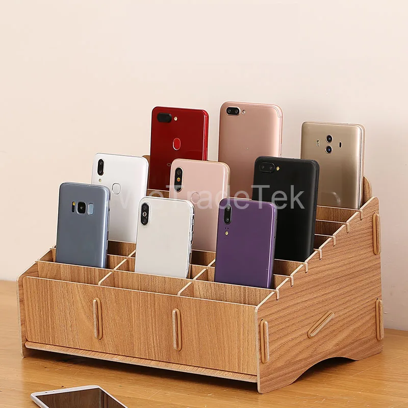 Desktop Phone Screen Storage Box School Office Wooden Phone Holder Phone Repair Management Organizer 12/24/48 Grid Storage Tool