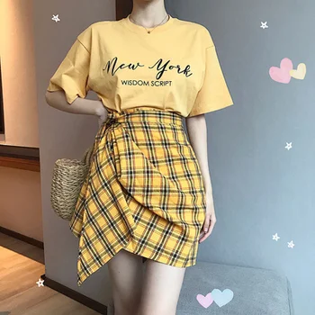 Summer Two Piece Set For Women Short Sleeve Letter Print T-shirt Tops And Plaid Irregular Mini Skirt Suit Set Korean Outfit 2020
Summer Two Piece Set For Women Short Sleeve Letter Print T-shirt Tops And Plaid Irregular Mini Skirt Suit Set Korean Outfit 2020