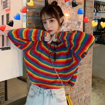 Striped Sweater for Women Autumn Korean Harajuku O-Neck Female Loose Sweaters Japanese Kawaii Rainbow Ulzzang Girl Clothing
Striped Sweater for Women Autumn Korean Harajuku O-Neck Female Loose Sweaters Japanese Kawaii Rainbow Ulzzang Girl Clothing