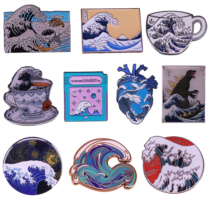 Художественная брошь Hokusai с эмалью Великая волна канагава коллекция