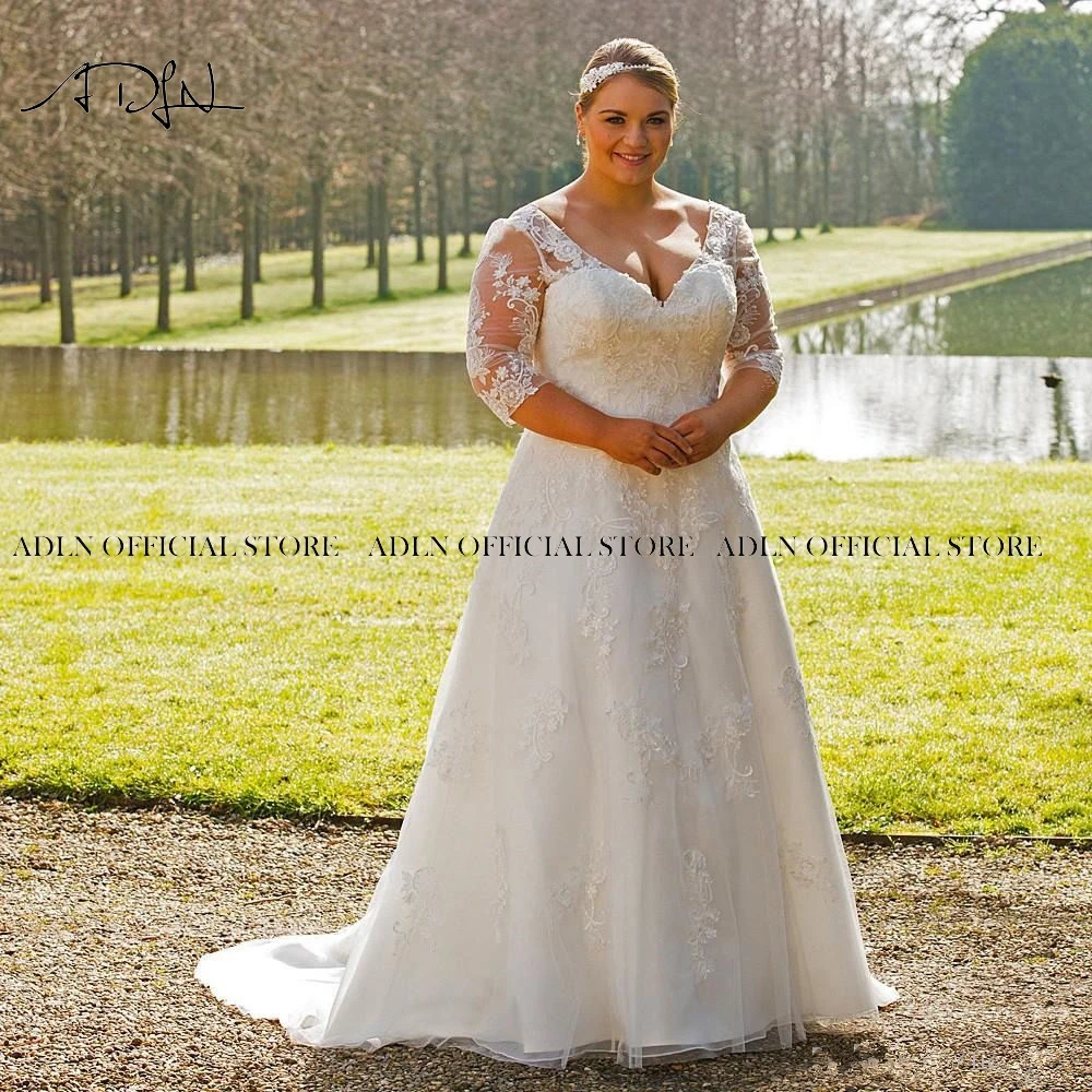 

ADLN Modest V-neck Plus Size Wedding Gown with Sleeves A-line Appliqued Lace Bridal Dress 2021 Vestido de Novia Customized