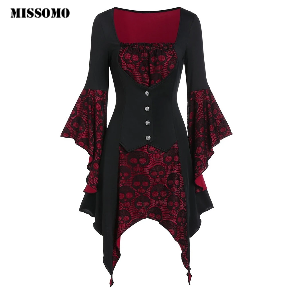 

MISSOMO Gothic t shirt women Strappy Button Skull Insert Lace-up Ruffle Flare Sleeve tshirt autumn vintage T-shirt Women tops 10
