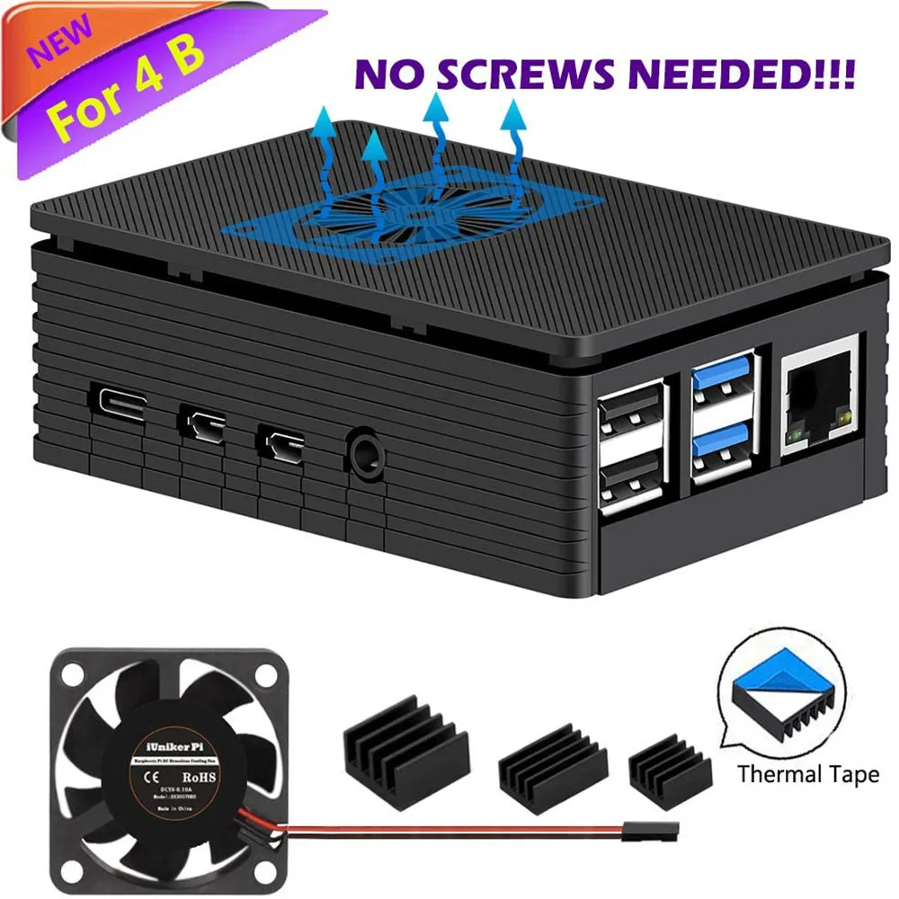 Raspberry Pi 4 Case with Removable Top Panel Cooling Heatsink Fan for Pi 4 Model B, Pi 4B, Pi 4 (No Screws Needed) - Black
Raspberry Pi 4 Case with Removable Top Panel Cooling Heatsink Fan for Pi 4 Model B, Pi 4B, Pi 4 (No Screws Needed) - Black