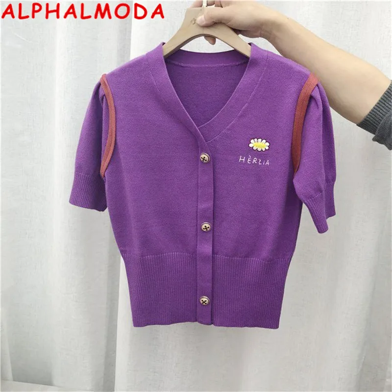 ALPHALMODA 2020 весенний женский модный Вышитый цветочный короткий свитер с v-образным