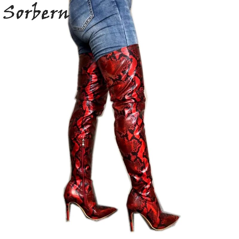 

Sorbern Python Thigh High Women Boots Pointy Toes Long Lady Boot Stilettos High Heel Custom Slim Legs Wide Calf Shaft Length