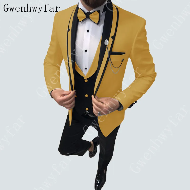 Фото Мужские костюмы Gwenhwyfar приталенная деловая коричневая куртка для жениха желтые