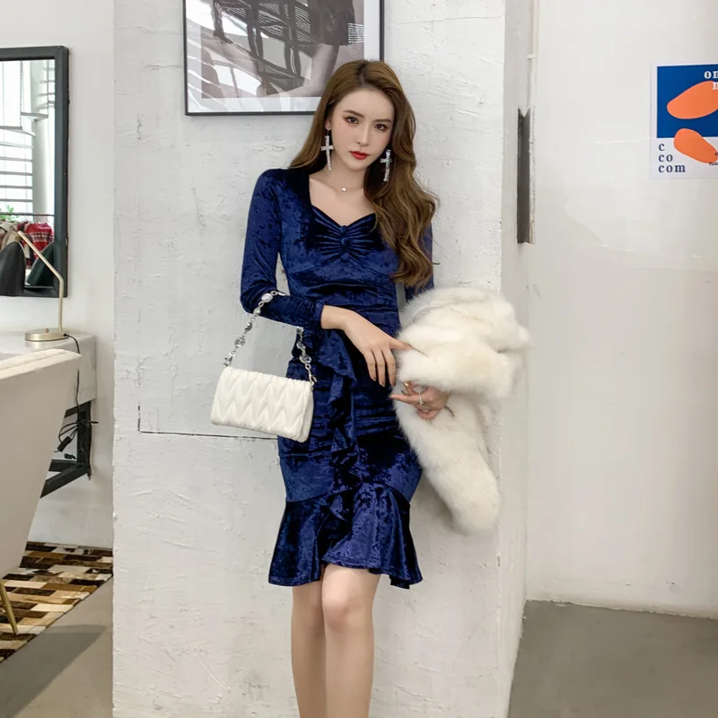 Женское бархатное платье-русалка, элегантное облегающее однотонное платье во французском стиле с оборками, облегающее однотонное платье
Женское бархатное платье-русалка, элегантное облегающее однотонное платье во французском стиле с оборками, облегающее однотонное платье