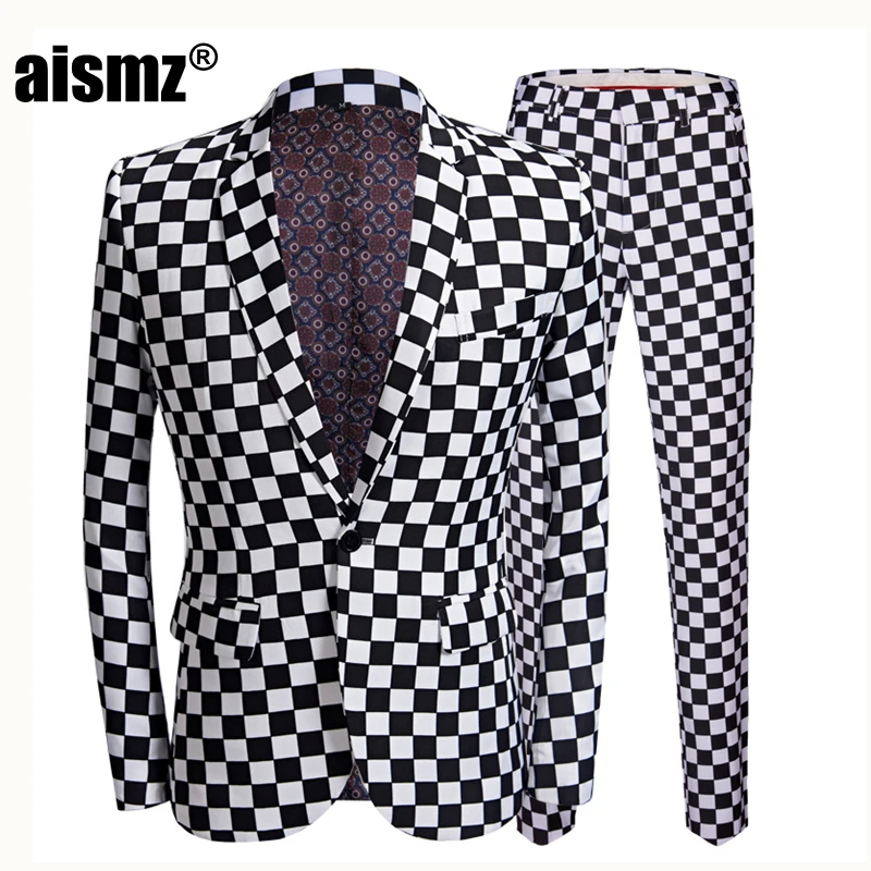 Aismz Fashion Suit Men Black White Plaid Print 2 Pieces Set Latest Coat Pant Designs Wedding Stage Singer Slim Fit Costume
Aismz Fashion Suit Men Black White Plaid Print 2 Pieces Set Latest Coat Pant Designs Wedding Stage Singer Slim Fit Costume