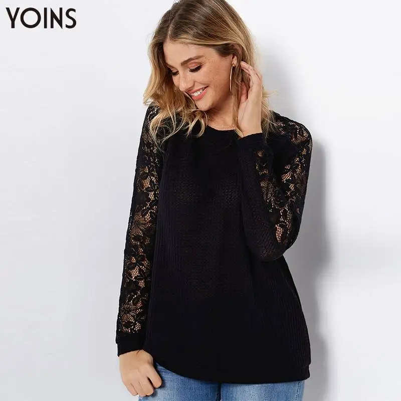 

YOINS 2019 Spring Autumn Women Winter Blouses And Shirts Black Insert Round Neck Long Sleeves Knitted Lace Shirt Regular Casual