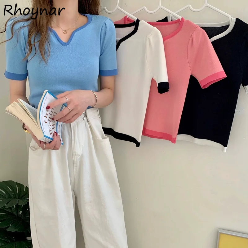 

Short Sleeve T-shirts Women Chic Ulzzang Simple Cozy All Match Cropped Teen V-neck Design Popular Solid Tops Fashion Preppy Ins