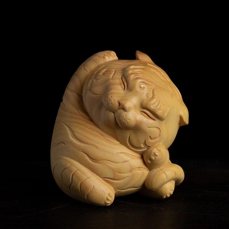 

XS507- 5.5 CM Lovely Tiger Boxwood Sculpture Feng Shui Wood Carving Zodiac Animal Statue Collection Ornaments