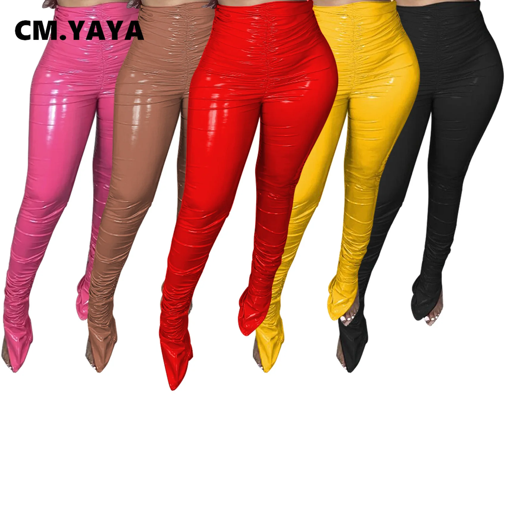 Осенне-зимние уличные яркие женские брюки CM.YAYA из искусственной кожи с рюшами