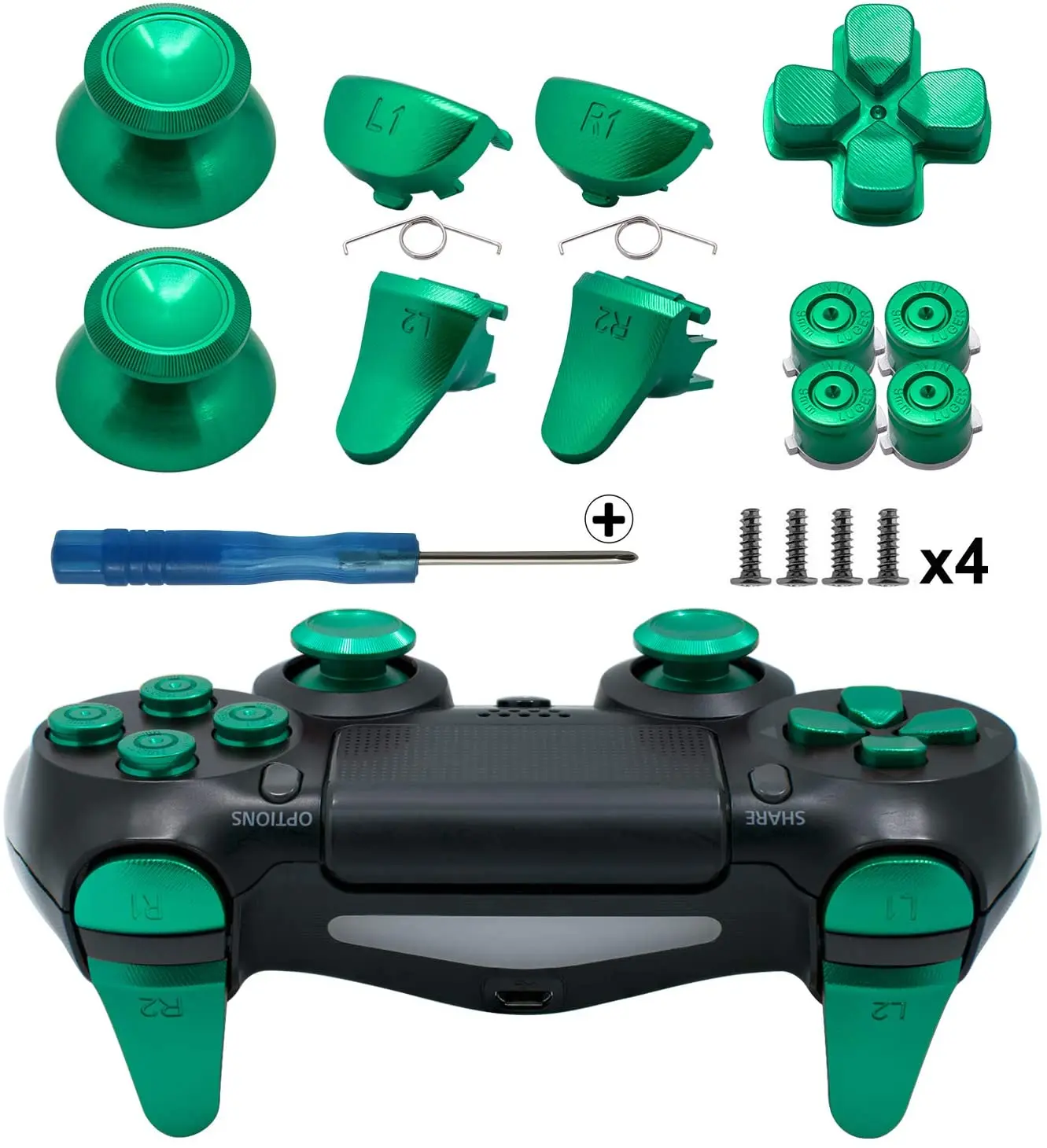 

PS4 Slim/ PS4 Pro Gen 2 Controller, Aluminum Metal Thumbsticks Analog Grip & Bullet Buttons & D-pad & L1 R1 L2 R2 Trigger Green