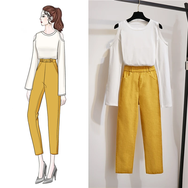 2019 Autumn Cotton Full Sleeve O-neck White Pullover T-shirt and Ankle-Length Pants Elastic Waist Two Piece Set Top and Pants
2019 Autumn Cotton Full Sleeve O-neck White Pullover T-shirt and Ankle-Length Pants Elastic Waist Two Piece Set Top and Pants