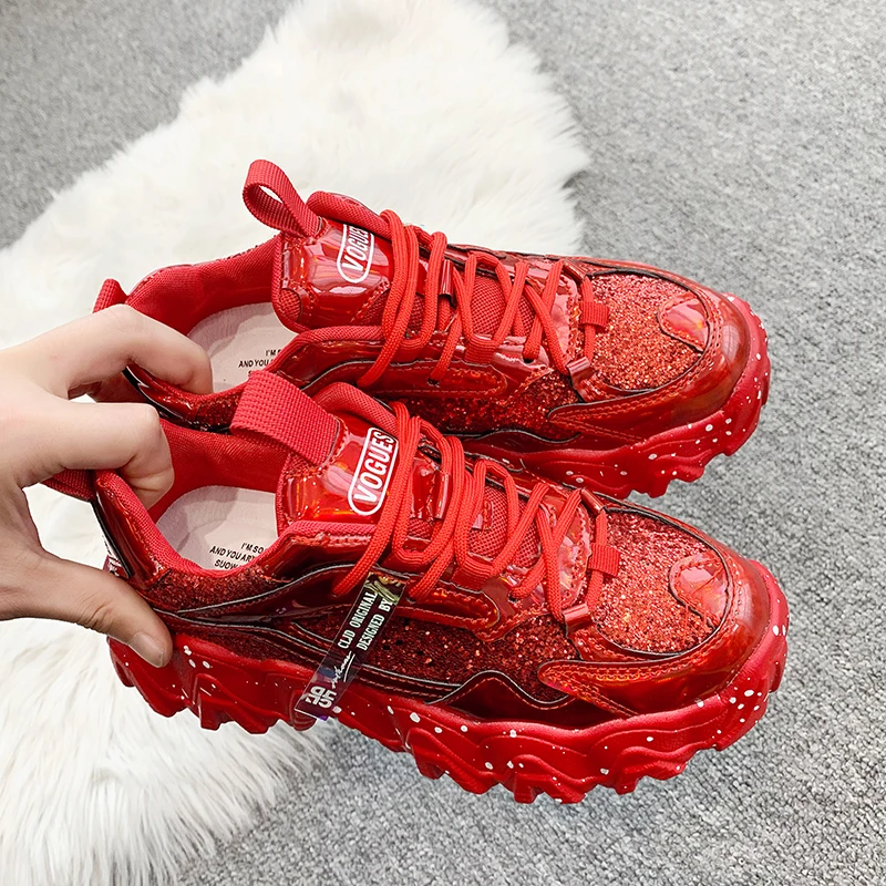 

Spring Women's Chunky Sneakers Fashion Women Platform Shoes Bling Sequined Lace-Up Vulcanize Shoes Female Trainers Dad Shoes 01