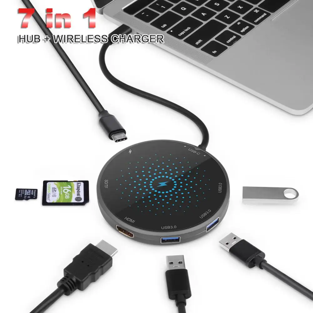 7 in 1 USB HUB C HUB to Multi USB 3.0 HDMI Adapter Dock for MacBook Pro Accessories USB-C Type C 10W Qi Wireless Charger Fast
7 in 1 USB HUB C HUB to Multi USB 3.0 HDMI Adapter Dock for MacBook Pro Accessories USB-C Type C 10W Qi Wireless Charger Fast