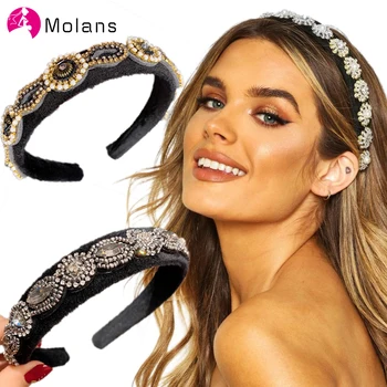 

Molans Baroque Gem Beading Headbands Black Velvet Rhinestones Alloy Hairbands With Pearls for Women Geometic Star Wide Headbands