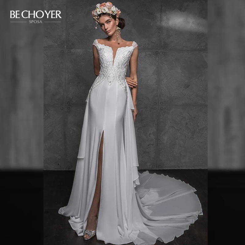 

Vestido de Noiva Luxury Beaded Appliques Wedding Dress Scoop Illusion Mermaid Detachable Train Princess Bride Gown BECHOYER Z120