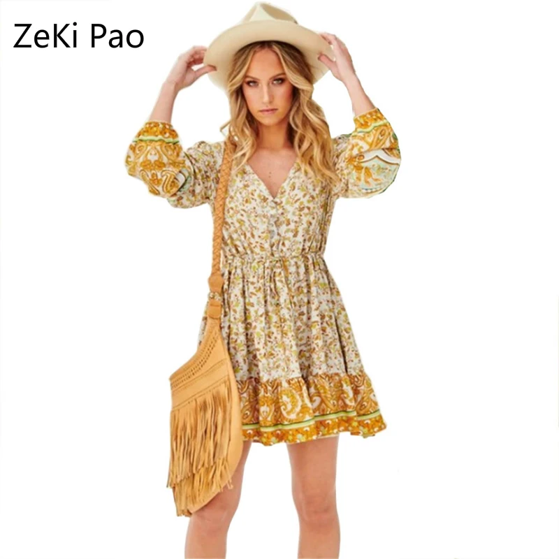 2020 Spring and Summer New Dress Female Printed V-neck Long Sleeve Yellow Dress Loose Elegant Vacation Style Mini Dress
2020 Spring and Summer New Dress Female Printed V-neck Long Sleeve Yellow Dress Loose Elegant Vacation Style Mini Dress