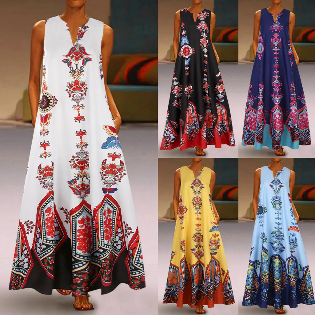 

Women Summer Dress Plus Size Vintage Ethnic Style Print Daily Casual Sleeveless Vintage Bohemian V Neck Maxi Dress Sundress