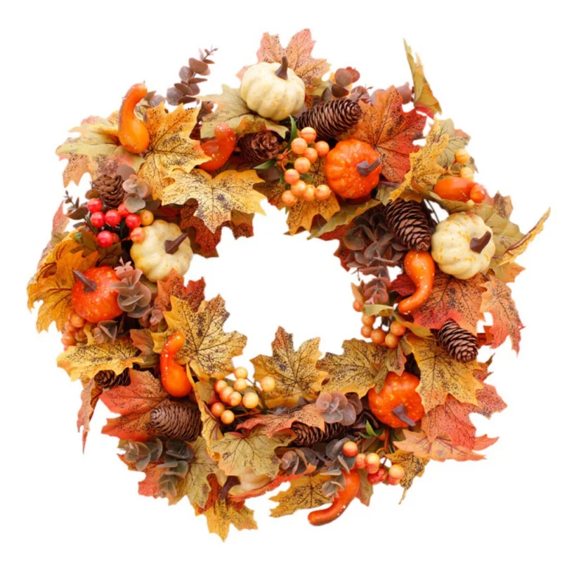 

Artificial Wreath Garland Rattan Frame With Pumpkin, Berries, Pine Cone And Maple Leaves Halloween Thanksgiving Autumn Holiday D