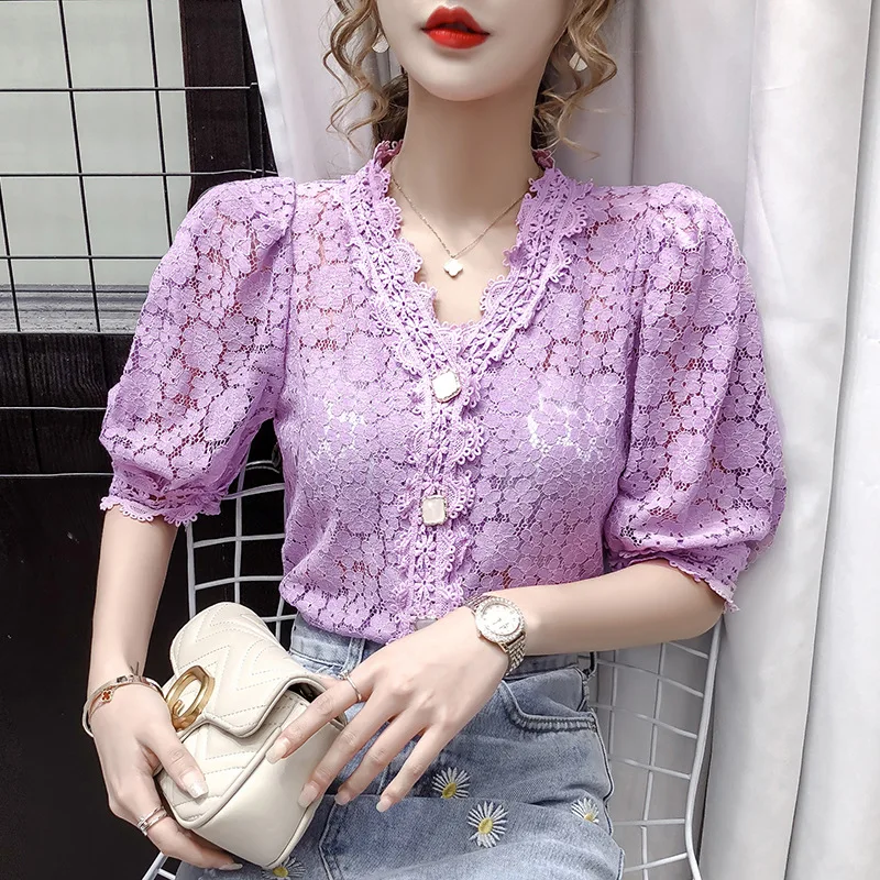 White Purple Yellow Lace Blouse Tops Shirt Women V Neck Short Sleeve Hollow Front Button Casual Fashion Women Ladies Clothing
White Purple Yellow Lace Blouse Tops Shirt Women V Neck Short Sleeve Hollow Front Button Casual Fashion Women Ladies Clothing