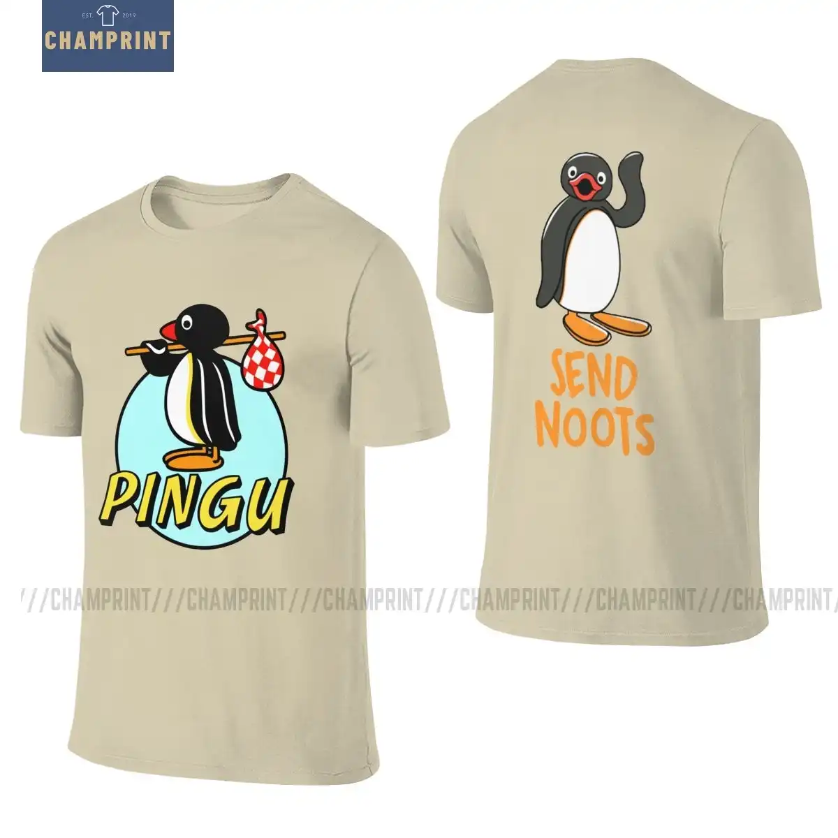 男性のピングー Tシャツ Noots Tシャツヴィンテージ純粋な綿前面背面両側 Tシャツ半袖 O ネック新着 Gooum