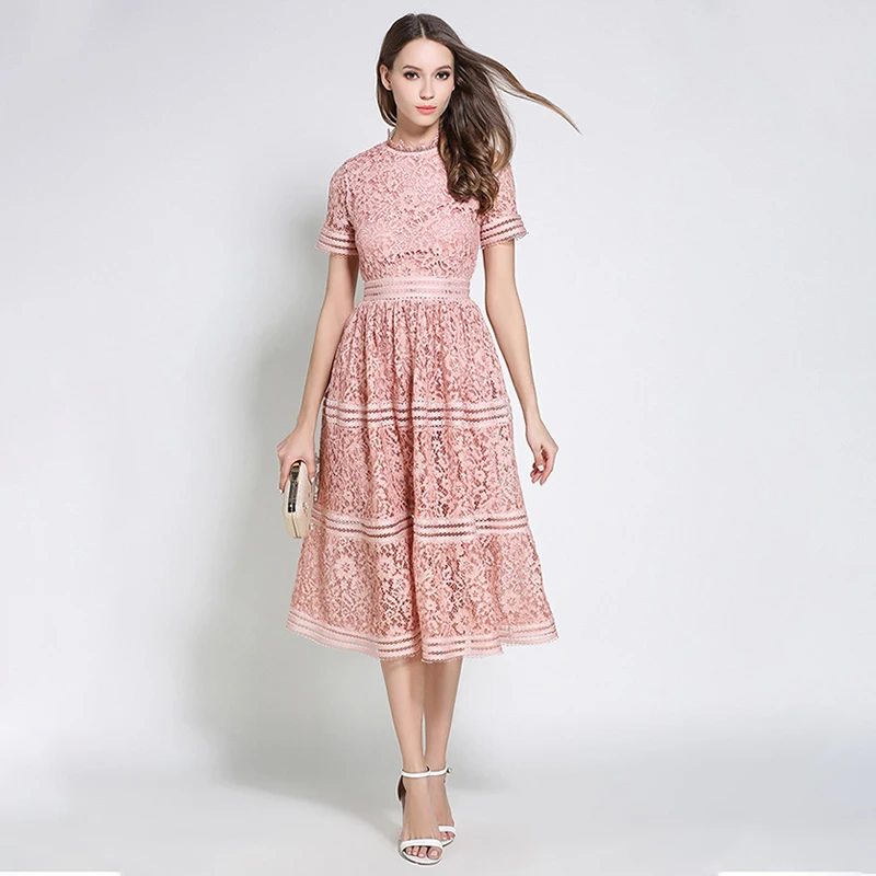 High Quality 2019 Runway Designer Women Dress Casual Pink Green Summer Dress Elegant O Neck Short Sleeve Lace Floral Dress 
High Quality 2019 Runway Designer Women Dress Casual Pink Green Summer Dress Elegant O Neck Short Sleeve Lace Floral Dress