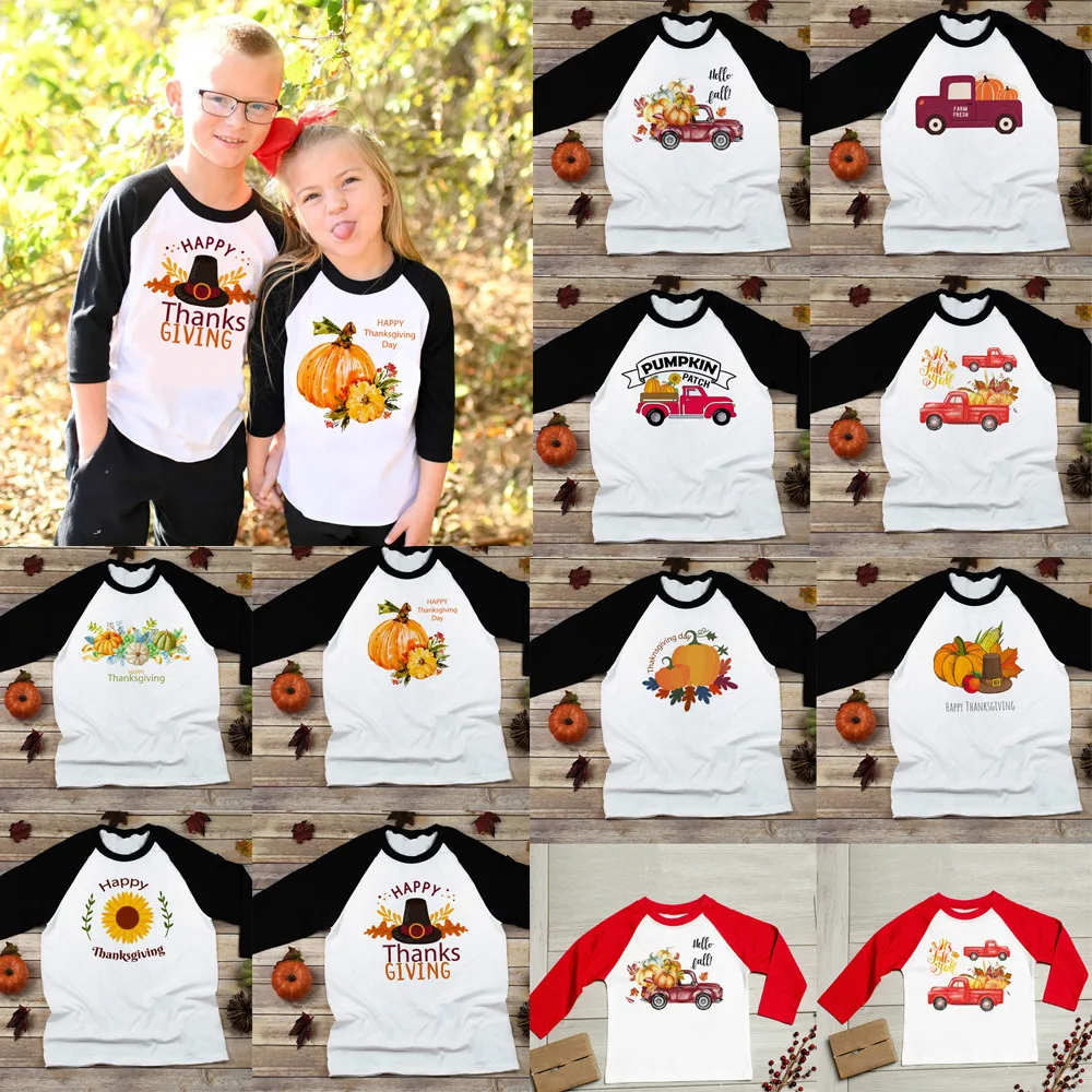 

Give Thanks Truck Pumpkin Kids Holiday Raglan T-shirts Boy Girl T Shirt Thanks Giving Day Children Long Sleeve Tops Wear