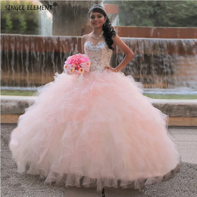 Sparkly Pink Quinceanera Dresses Sweetheart Crystals Ball Gown Ruffles Tulle Vestidos De 15 Anos
Sparkly Pink Quinceanera Dresses Sweetheart Crystals Ball Gown Ruffles Tulle Vestidos De 15 Anos