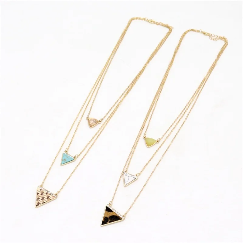 

Fashion Straw Rope Braided Triangle Pendant Natural Stones Howlite Multilayers Chain Sweater Necklace Geometric Body Jewelry