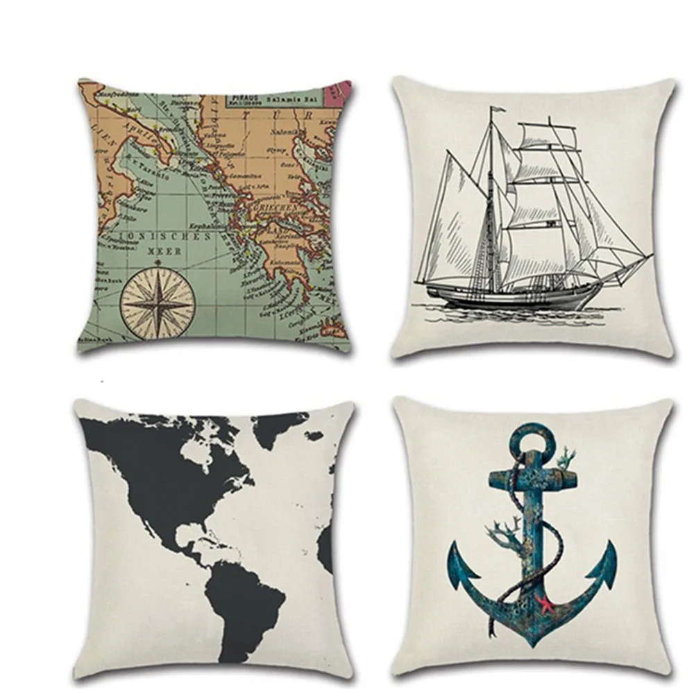 

Navigation Compass Anchor Pillow Cover Nautical Linen Pillow Case Home Decorative Mediterranean Cushion Cover 45*45cm