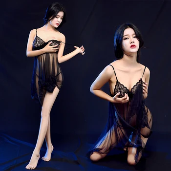 Ladies summer sexy underwear set, V-neck transparent irregular skirt bow dress and two-piece solid color thong 
Ladies summer sexy underwear set, V-neck transparent irregular skirt bow dress and two-piece solid color thong