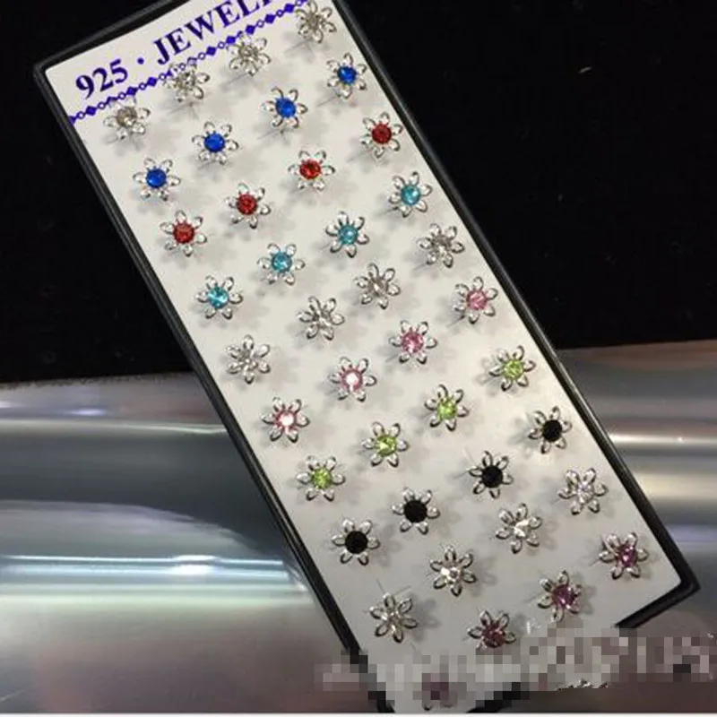 

1 Set 40pcs 925 Sterling Silver Sunflower Women Earring Studs Mixed Color Cubic Zirconia Fashion Jewelry Party Gift