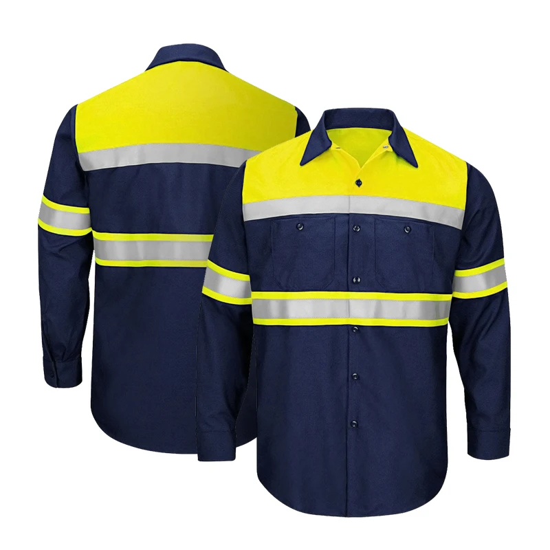 

Two Tone Long Sleeve Safety Work shirt Reflective Workwear 100% Cotton Yellow Navy Safety Shirts With Hi Vis Tapes