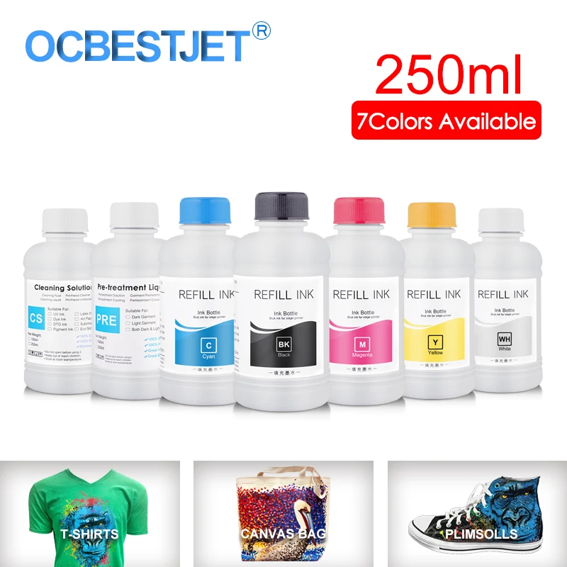 250ML DTG Ink Textile InK Garment Ink For DX4 DX5 DX6 DX7 DX10 Printhead For Epson 1390 R1900 R2000 F2000 F2100 7Colors Optional
250ML DTG Ink Textile InK Garment Ink For DX4 DX5 DX6 DX7 DX10 Printhead For Epson 1390 R1900 R2000 F2000 F2100 7Colors Optional