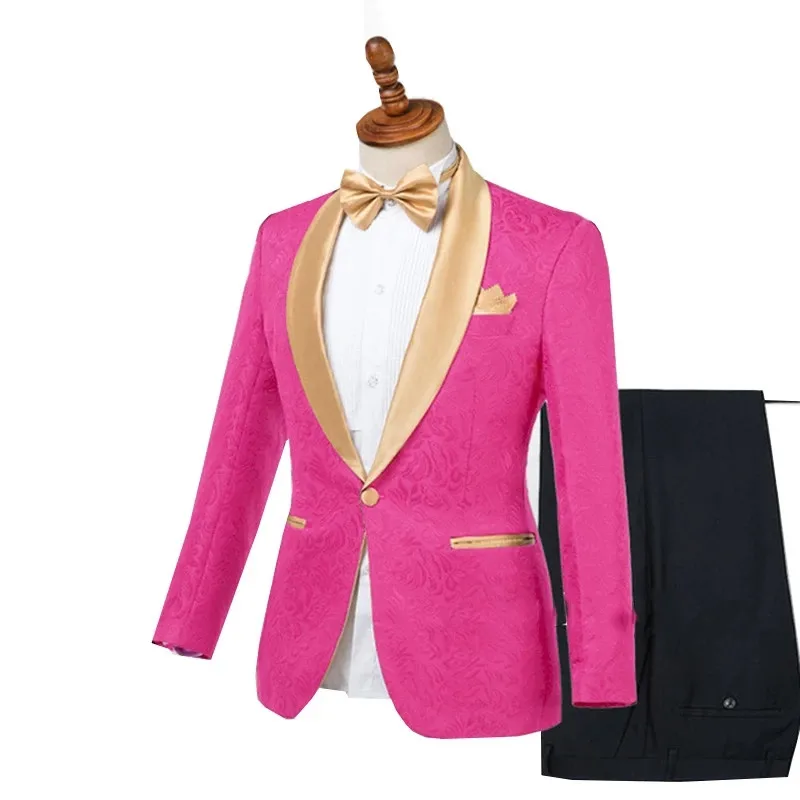 

Men's Suits Jacquard Wedding Tuxedos Shawl Lapel Slim Fit Prom Groomsmen Suits 2 Pieces Fuchsia Suits For Man (Blazer+Pants)