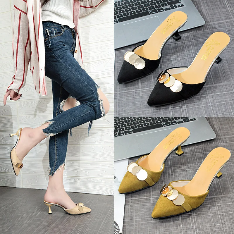 

Women shoes 2019 New Europe and the United States was thin pointed baotou fine with fashion high-heeled female slippers NWTX021