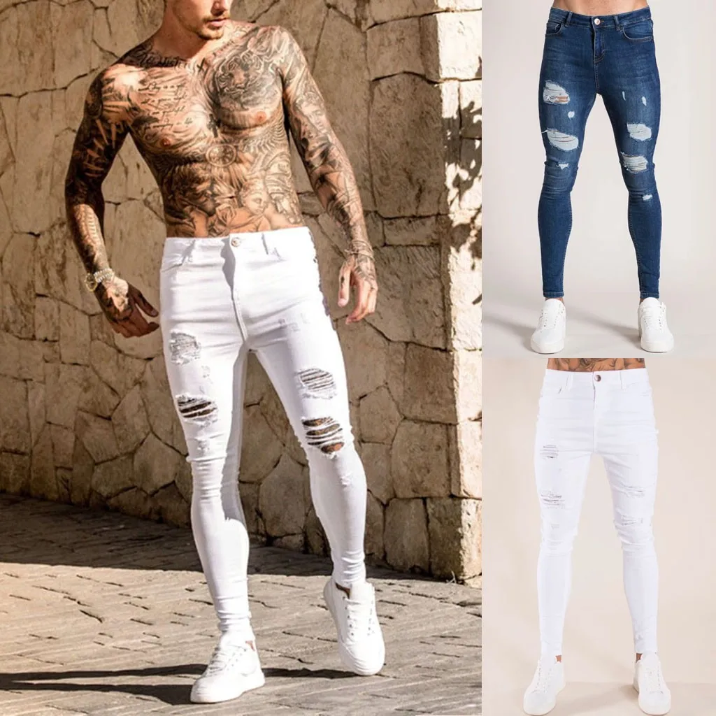 Mens Solid Color Jeans 2019 New Fashion Slim Pencil Pants Sexy Casual Hole Ripped Design Streetwear Cool Designer,White blue#G2 
Mens Solid Color Jeans 2019 New Fashion Slim Pencil Pants Sexy Casual Hole Ripped Design Streetwear Cool Designer,White blue#G2
